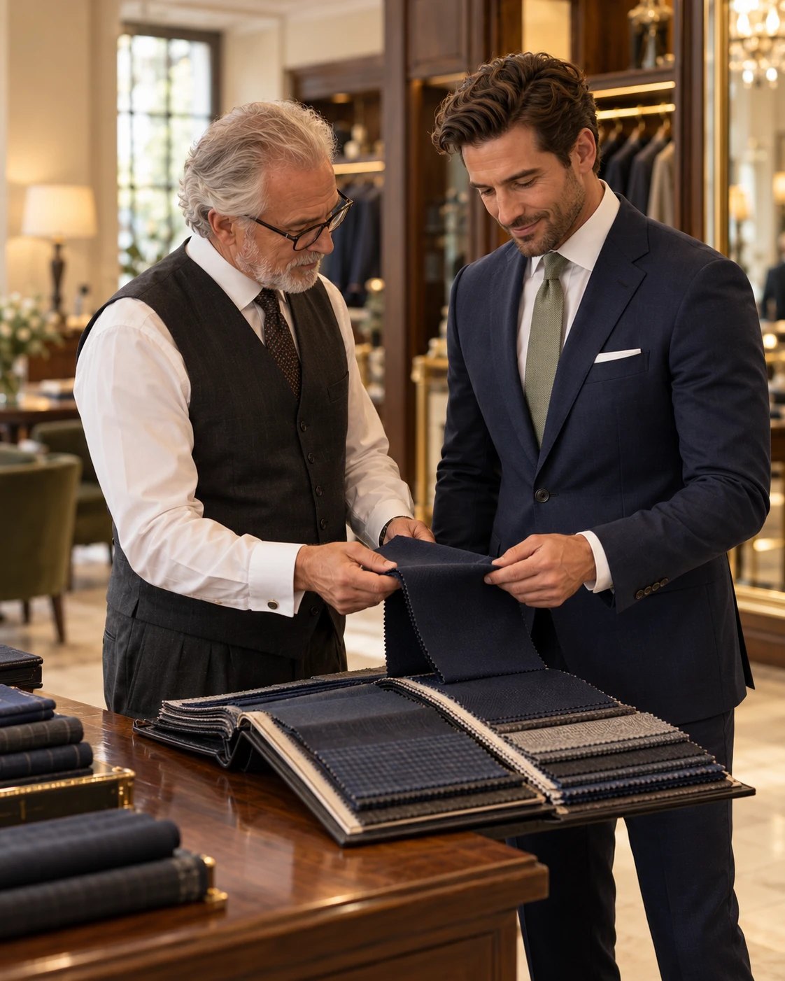 A client choosing suit fabric from a swatch book with a tailor