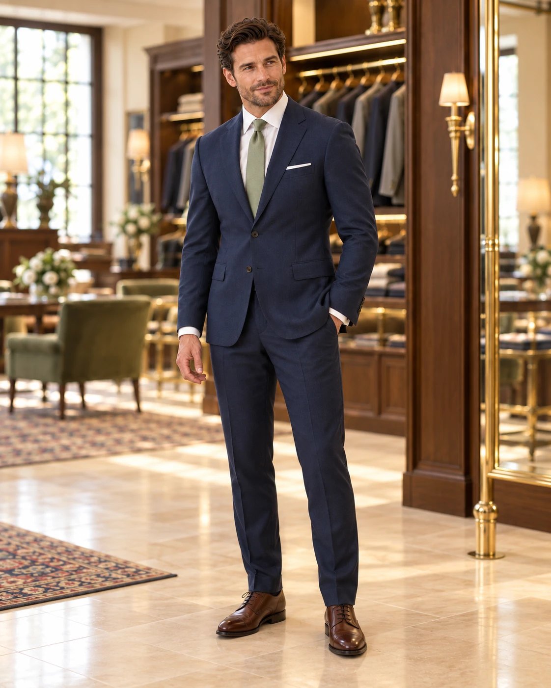 Man wearing a finished navy custom suit
