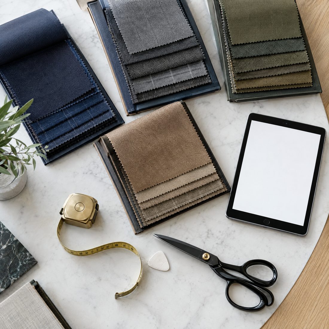 Suiting swatch books with chalk, scissors and tape measure