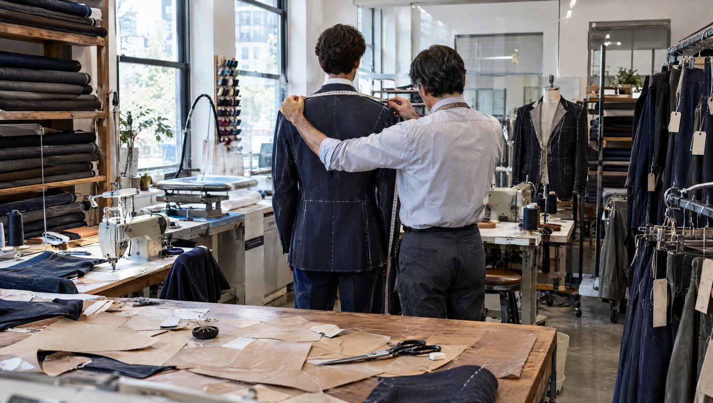 Tailors at work in the workshop with patterns, sewing machines and fabric