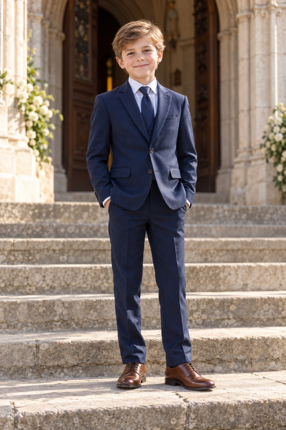 Boy in a navy three-piece suit on church steps