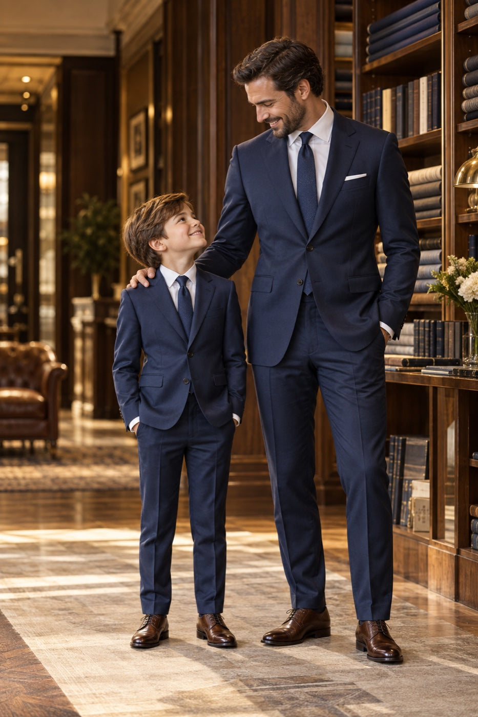 Father and son in matching navy suits