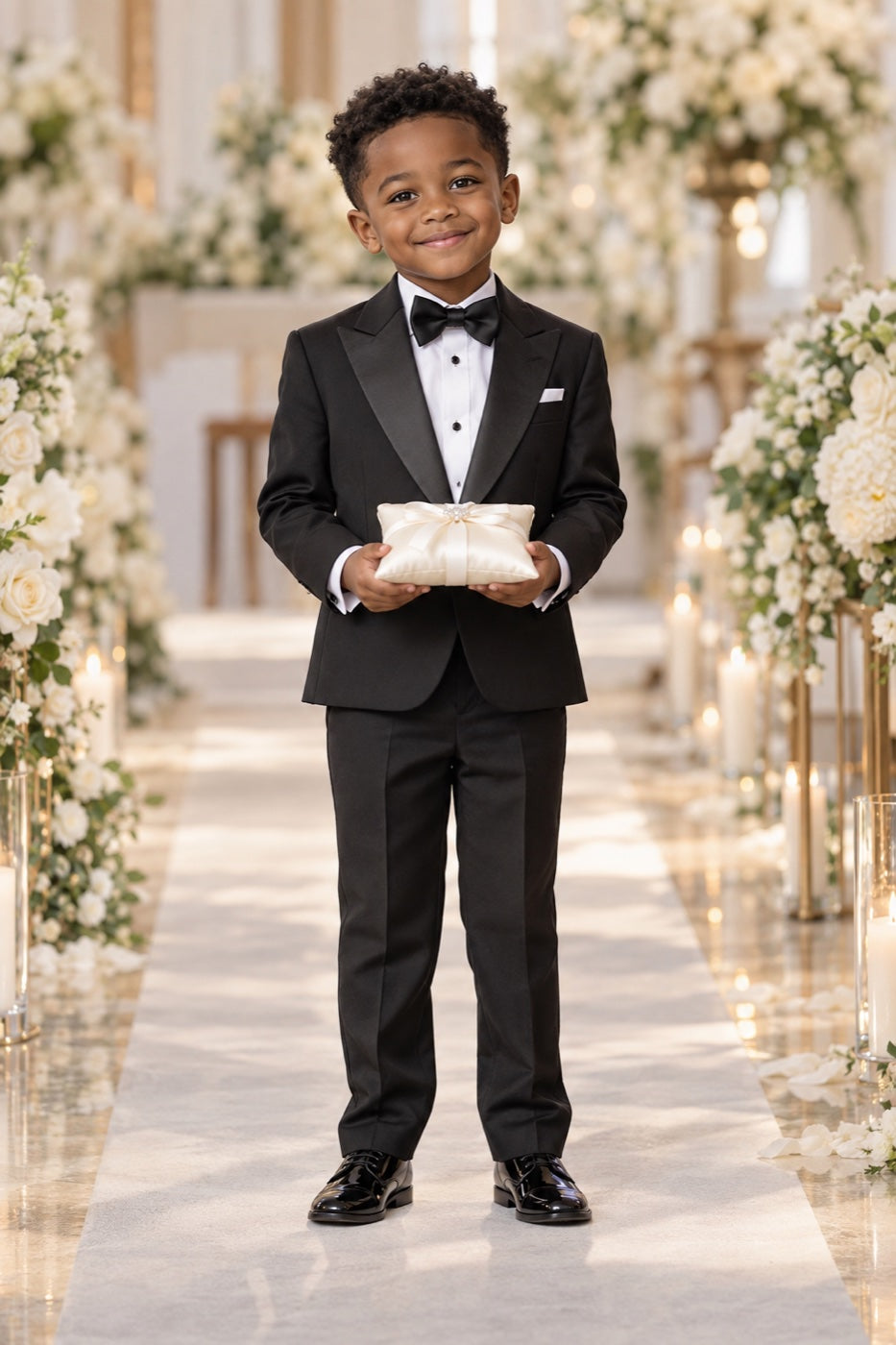 Ring bearer in a black tuxedo with bow tie