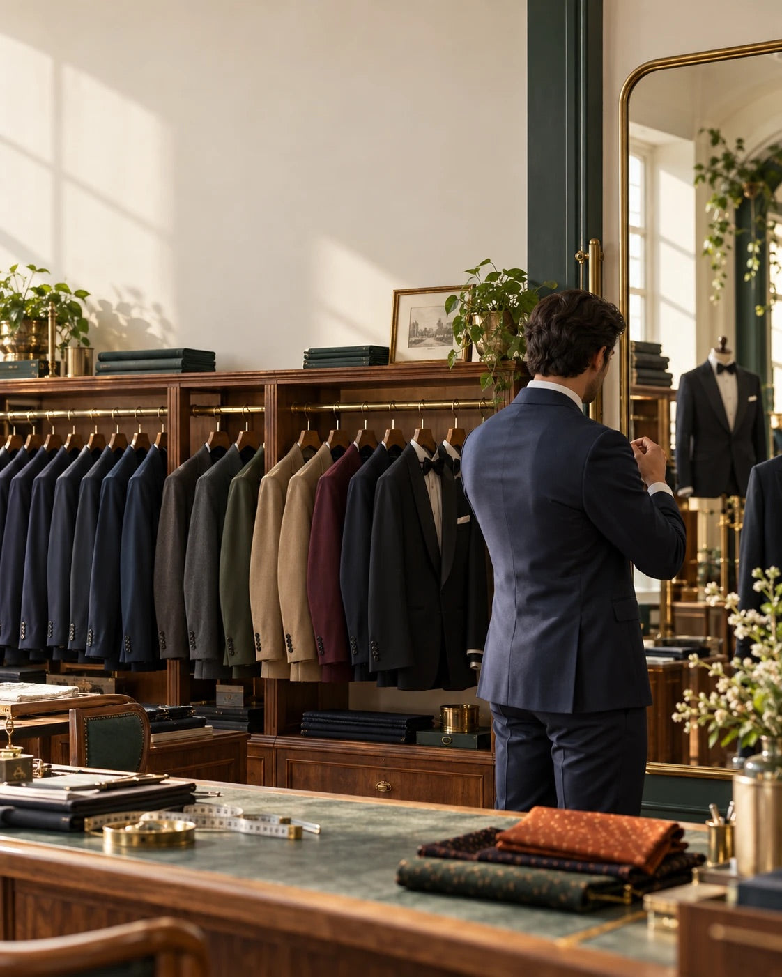 Man checking the fit of a navy suit at a mirror beside racks of ready-to-wear suits and tuxedos